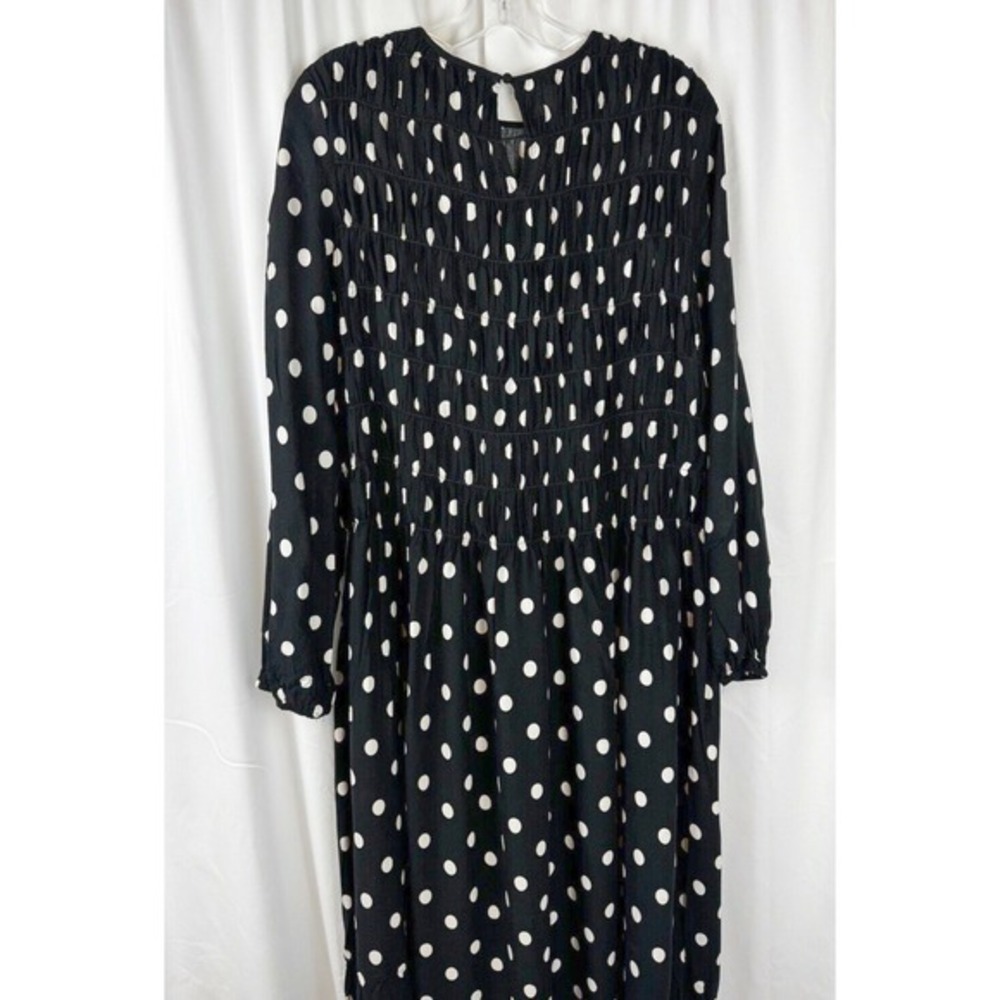H&M Polka Dot Smocked Midi Dress Black White Long Sleeve M Rockabilly Chic 51-29 - Picture 10 of 15